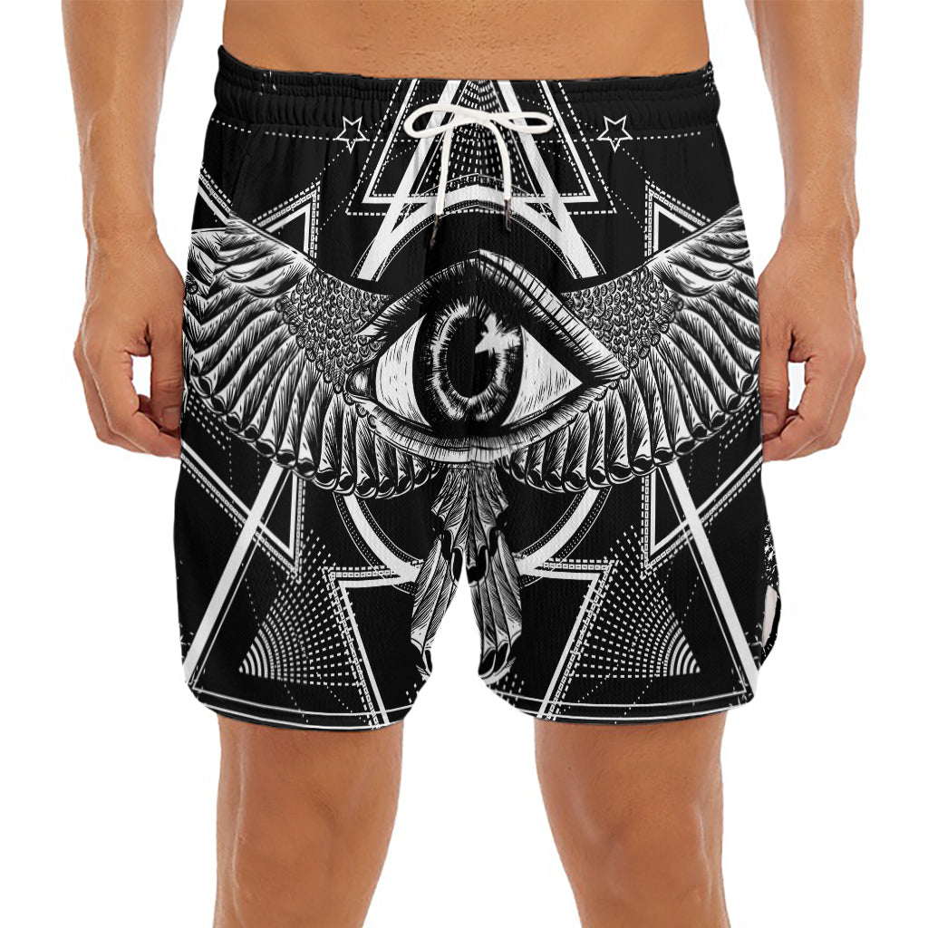 Black And White All Seeing Eye Print Men's Split Running Shorts