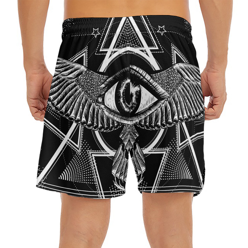 Black And White All Seeing Eye Print Men's Split Running Shorts