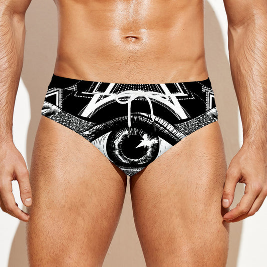 Black And White All Seeing Eye Print Men's Swim Briefs