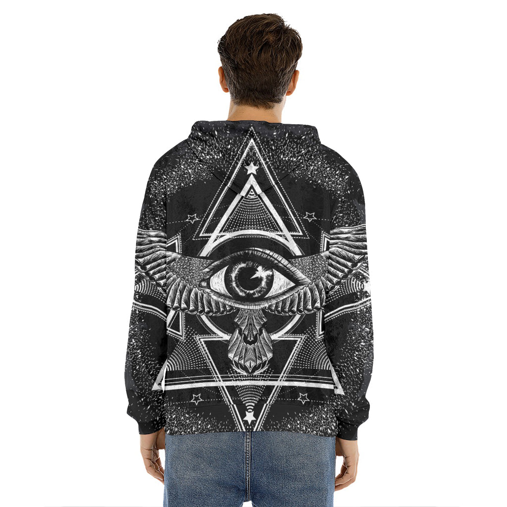 Black And White All Seeing Eye Print Men's Velvet Pullover Hoodie