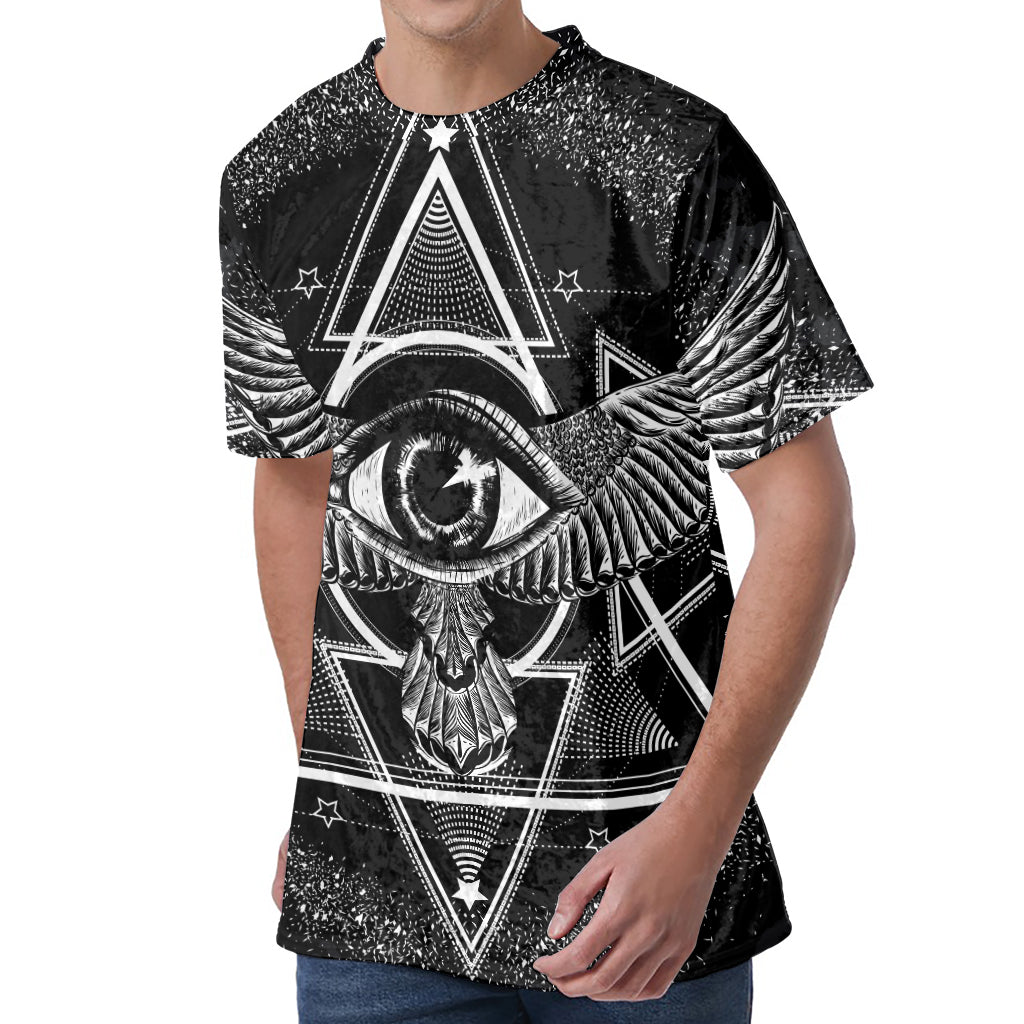 Black And White All Seeing Eye Print Men's Velvet T-Shirt
