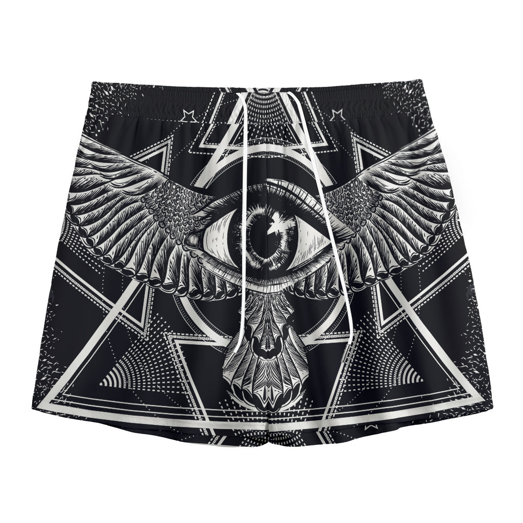 Black And White All Seeing Eye Print Mesh Shorts