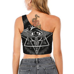 Black And White All Seeing Eye Print One Shoulder Crop Top