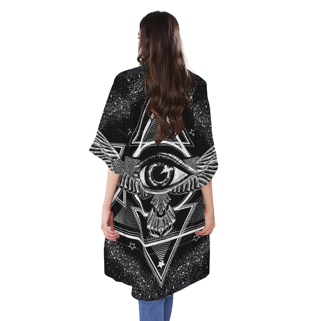 Black And White All Seeing Eye Print Open Front Beach Cover Up