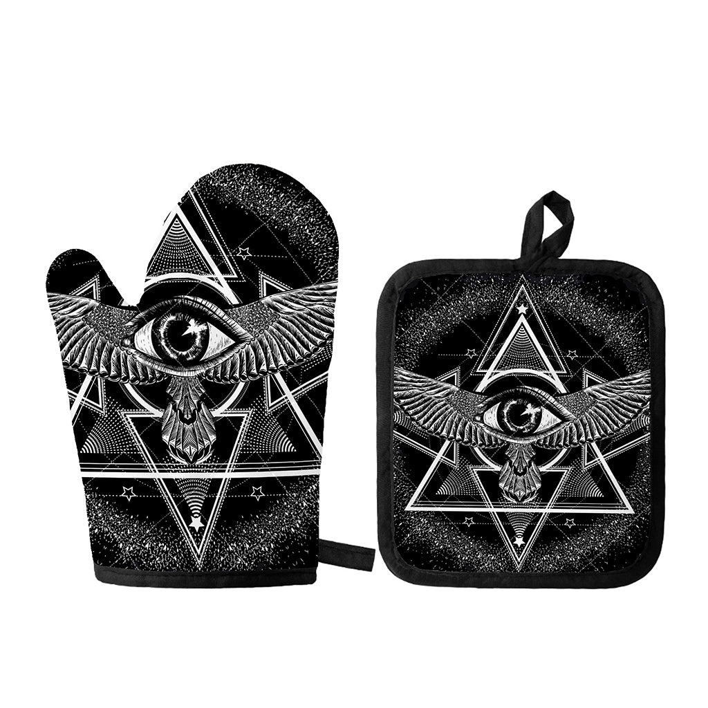 Black And White All Seeing Eye Print Oven Mitt And Pot Holder Set