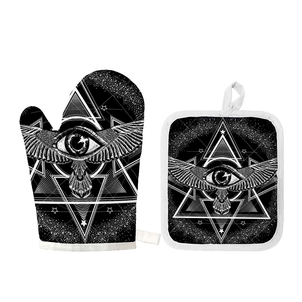 Black And White All Seeing Eye Print Oven Mitt And Pot Holder Set