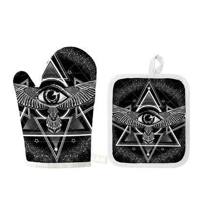 Black And White All Seeing Eye Print Oven Mitt And Pot Holder Set