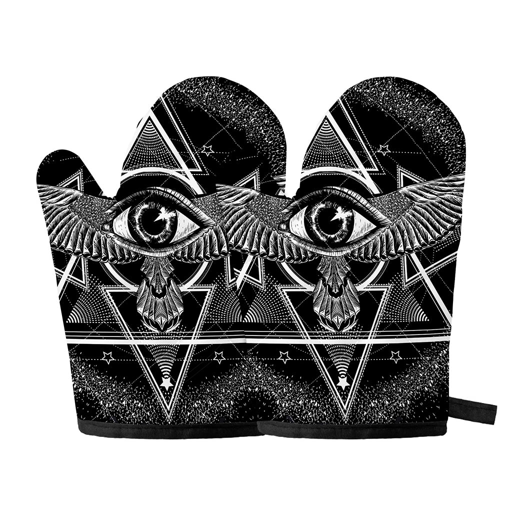 Black And White All Seeing Eye Print Oven Mitts
