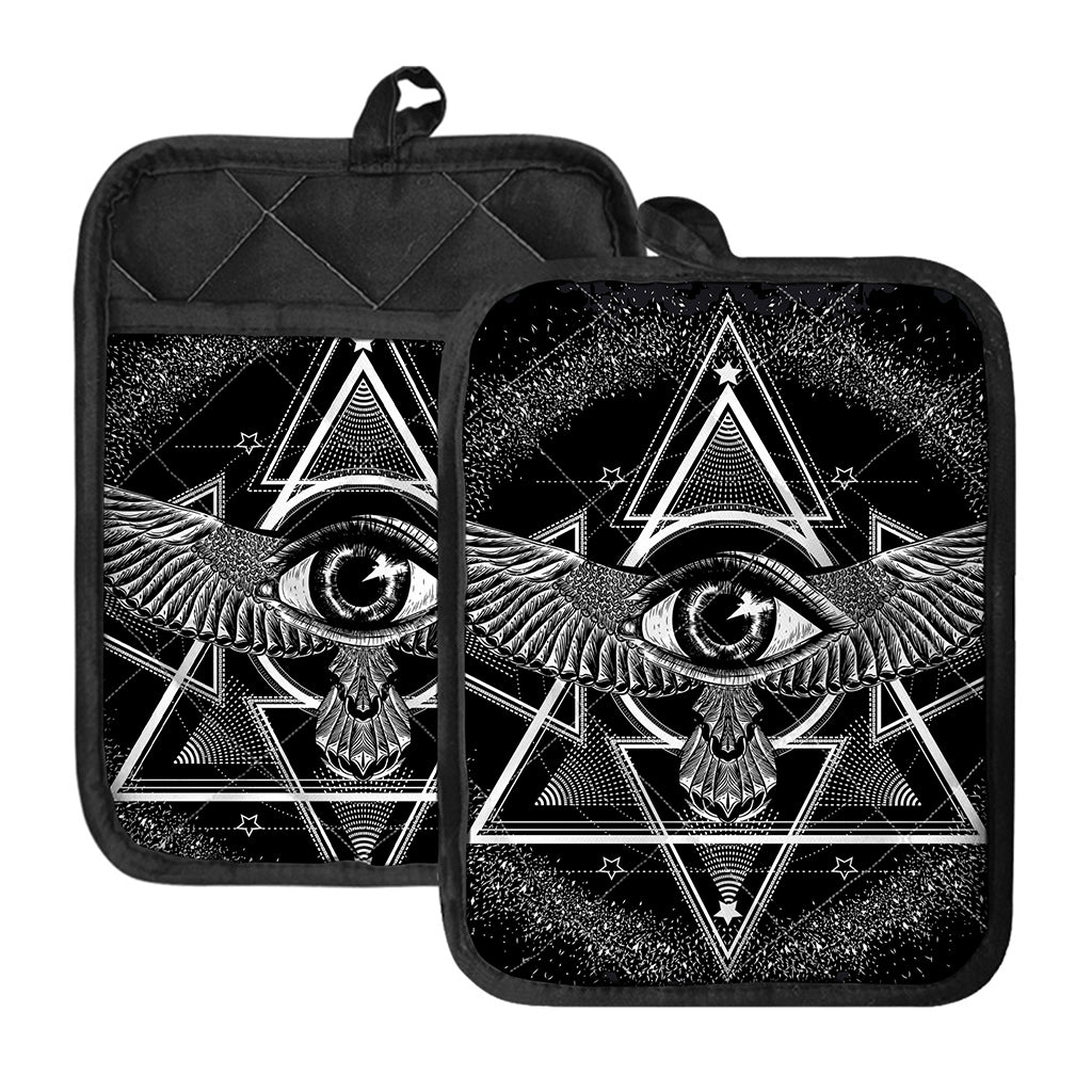 Black And White All Seeing Eye Print Pot Holders With Pocket
