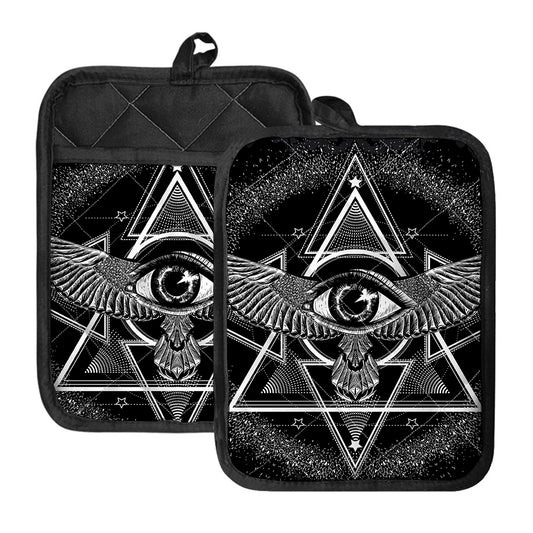 Black And White All Seeing Eye Print Pot Holders With Pocket