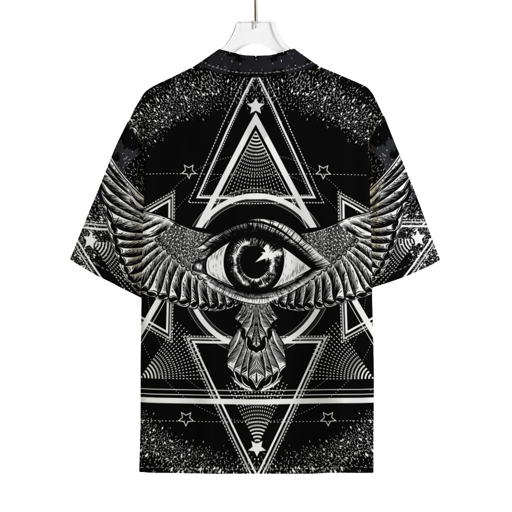 Black And White All Seeing Eye Print Rayon Hawaiian Shirt