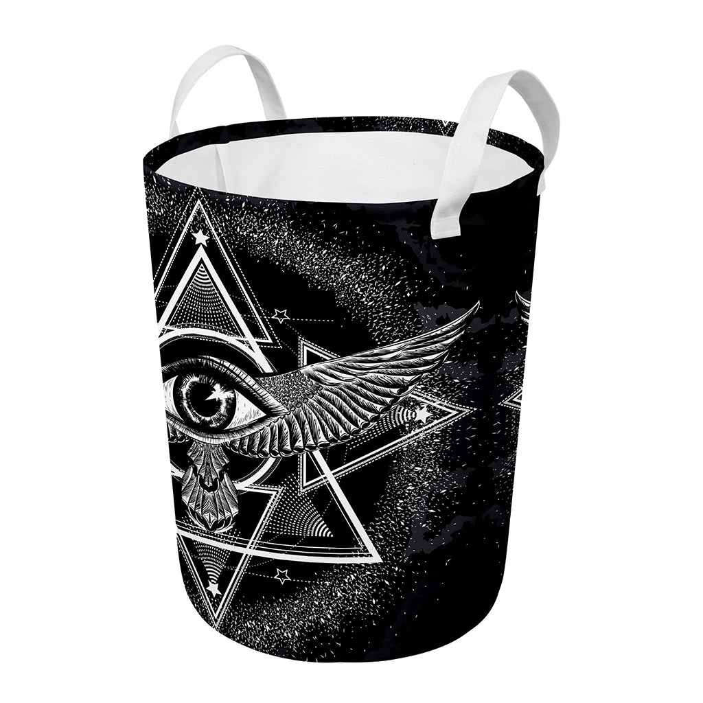 Black And White All Seeing Eye Print Round Laundry Basket