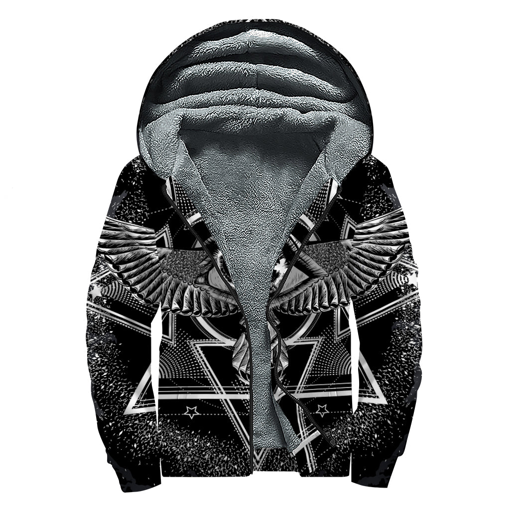 Black And White All Seeing Eye Print Sherpa Lined Zip Up Hoodie