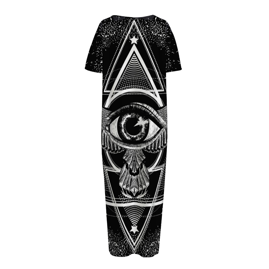 Black And White All Seeing Eye Print Short Sleeve Long Nightdress