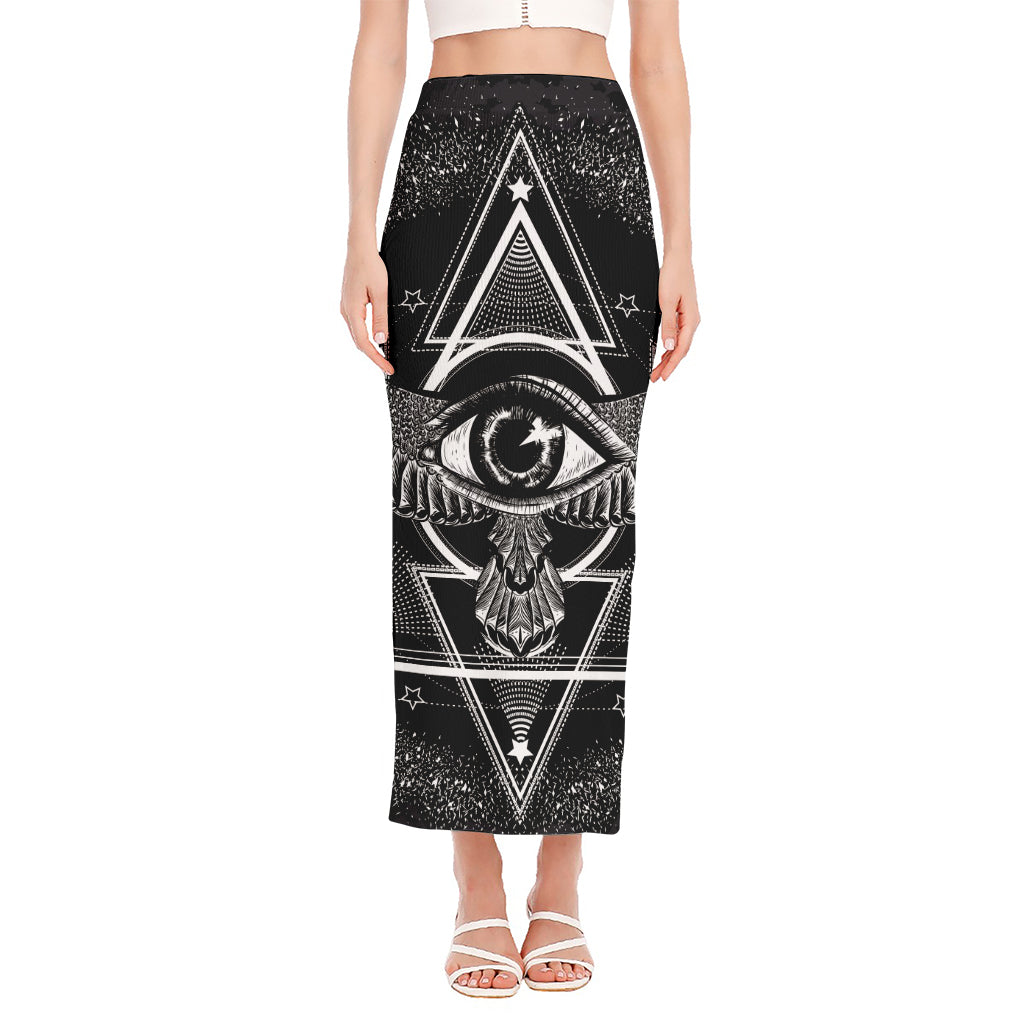 Black And White All Seeing Eye Print Side Slit Maxi Skirt