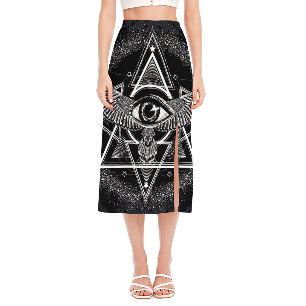 Black And White All Seeing Eye Print Side Slit Midi Skirt