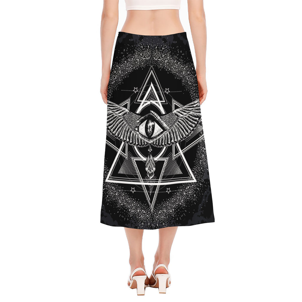 Black And White All Seeing Eye Print Side Slit Midi Skirt