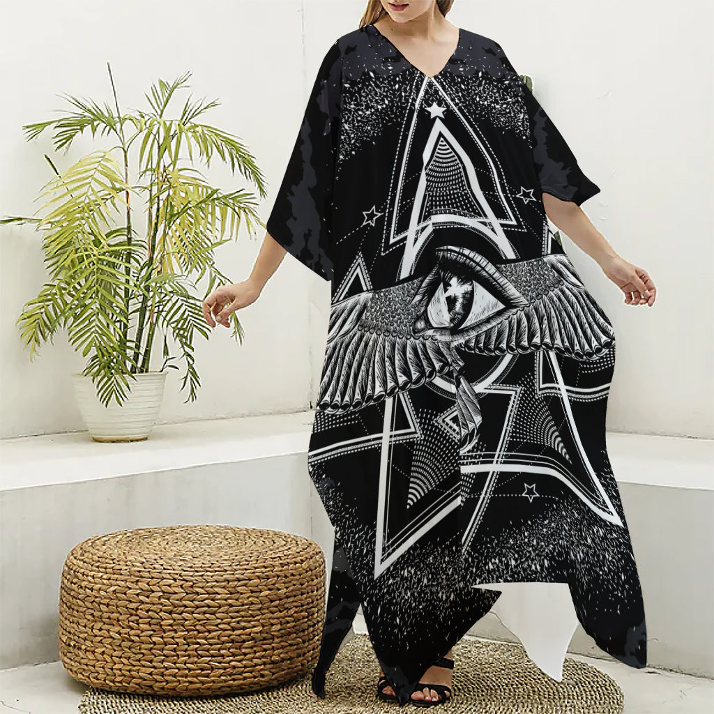 Black And White All Seeing Eye Print Silk V-Neck Kaftan Dress