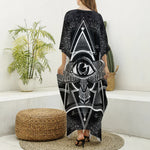 Black And White All Seeing Eye Print Silk V-Neck Kaftan Dress