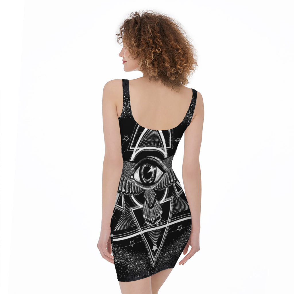 Black And White All Seeing Eye Print Sleeveless Bodycon Dress