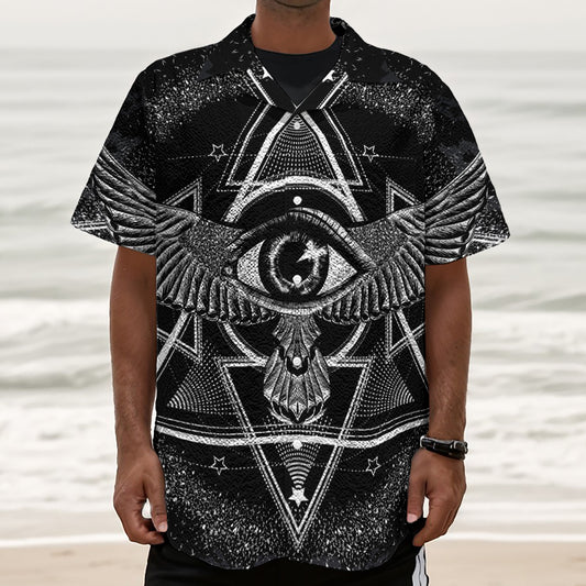 Black And White All Seeing Eye Print Textured Short Sleeve Shirt