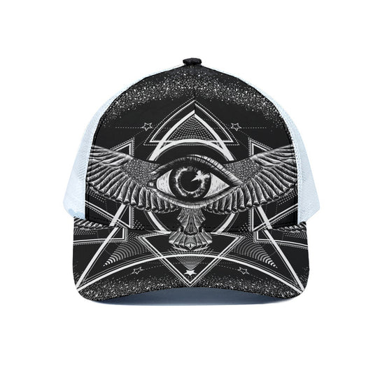 Black And White All Seeing Eye Print White Mesh Trucker Cap
