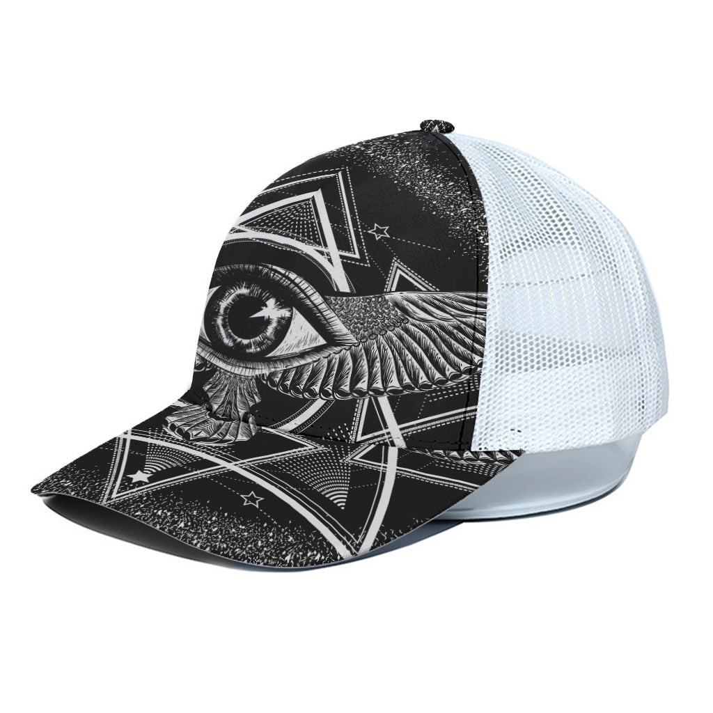 Black And White All Seeing Eye Print White Mesh Trucker Cap