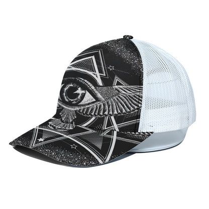 Black And White All Seeing Eye Print White Mesh Trucker Cap