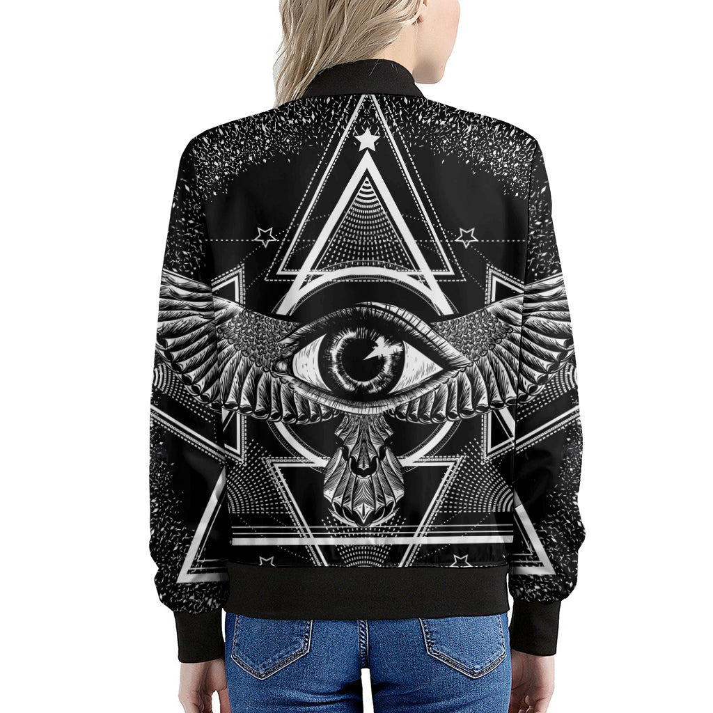 Black And White All Seeing Eye Print Women's Bomber Jacket