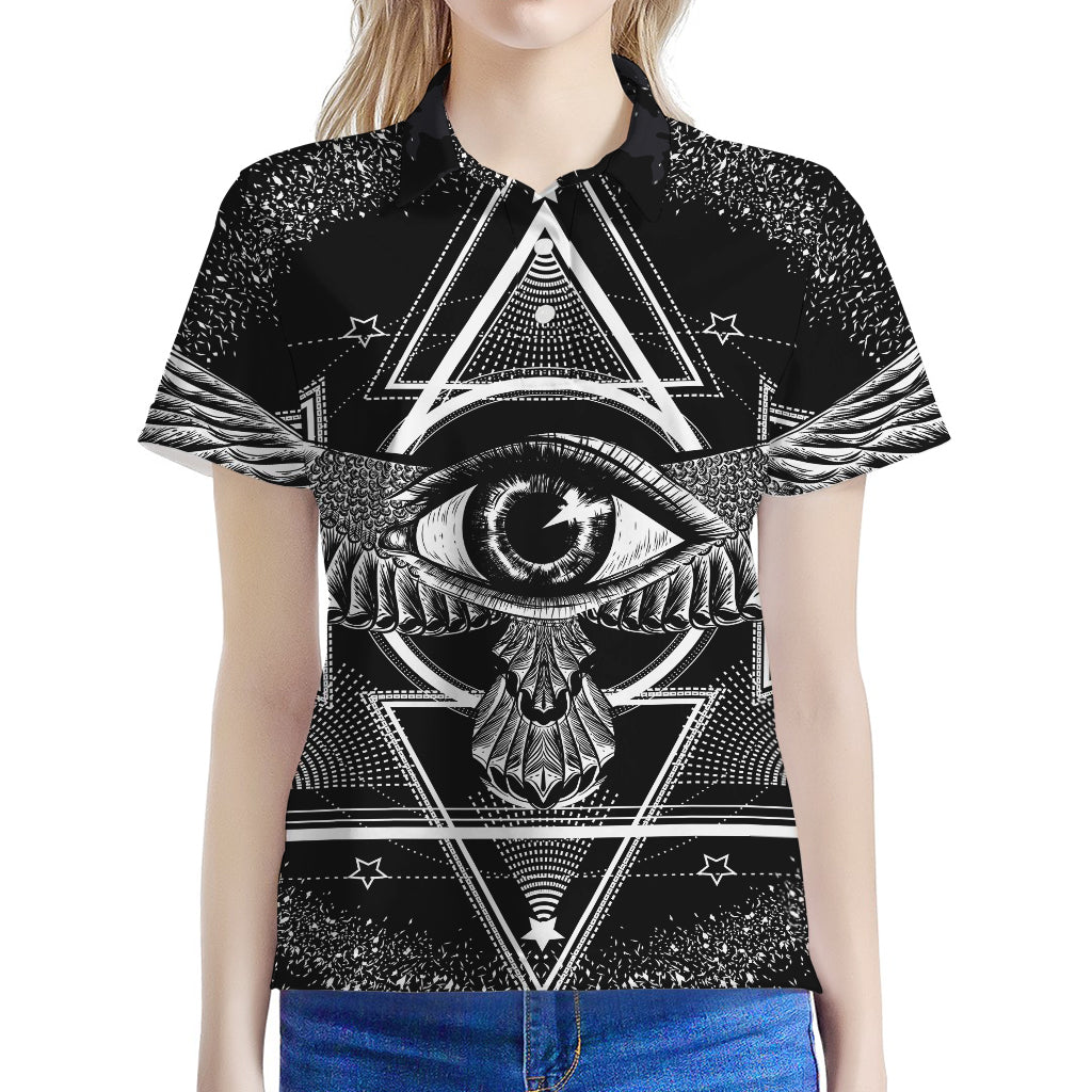Black And White All Seeing Eye Print Women's Polo Shirt
