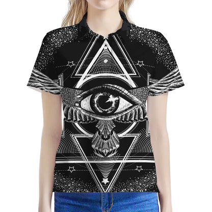Black And White All Seeing Eye Print Women's Polo Shirt