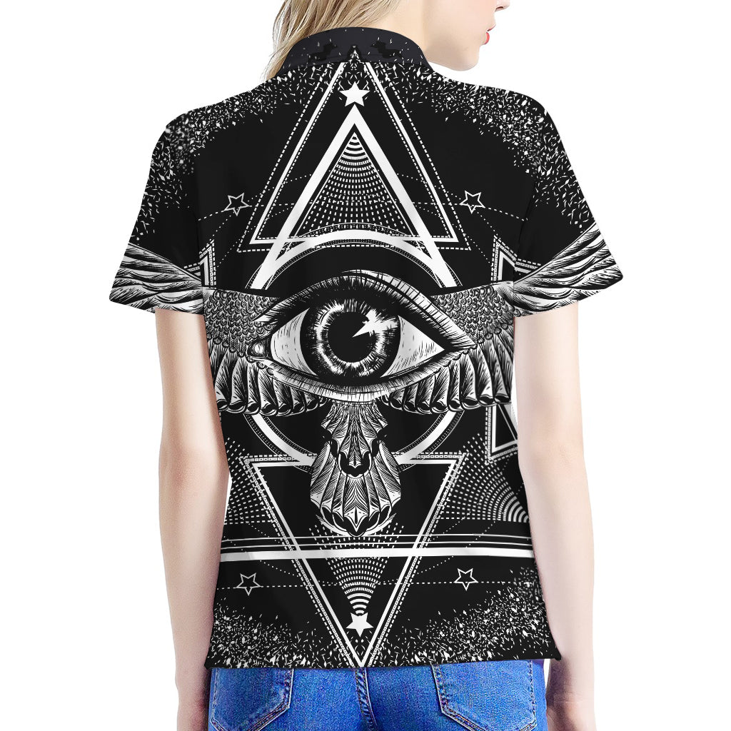 Black And White All Seeing Eye Print Women's Polo Shirt