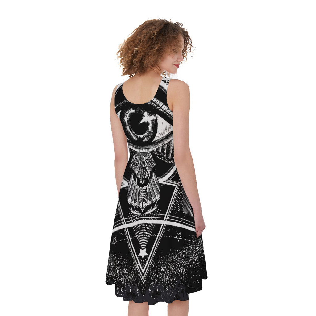 Black And White All Seeing Eye Print Women's Sleeveless Dress