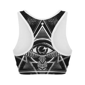 Black And White All Seeing Eye Print Women's Sports Bra