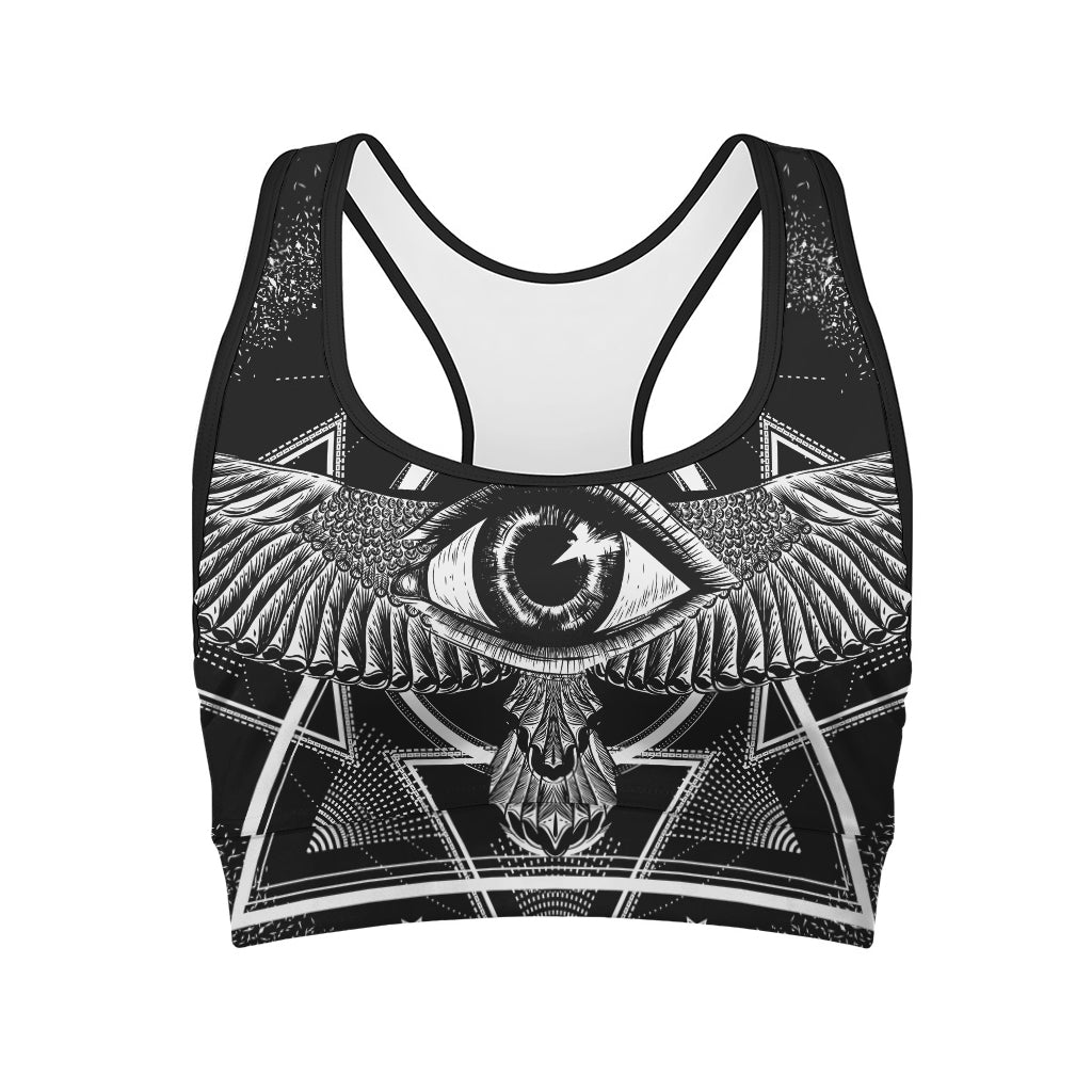 Black And White All Seeing Eye Print Women's Sports Bra