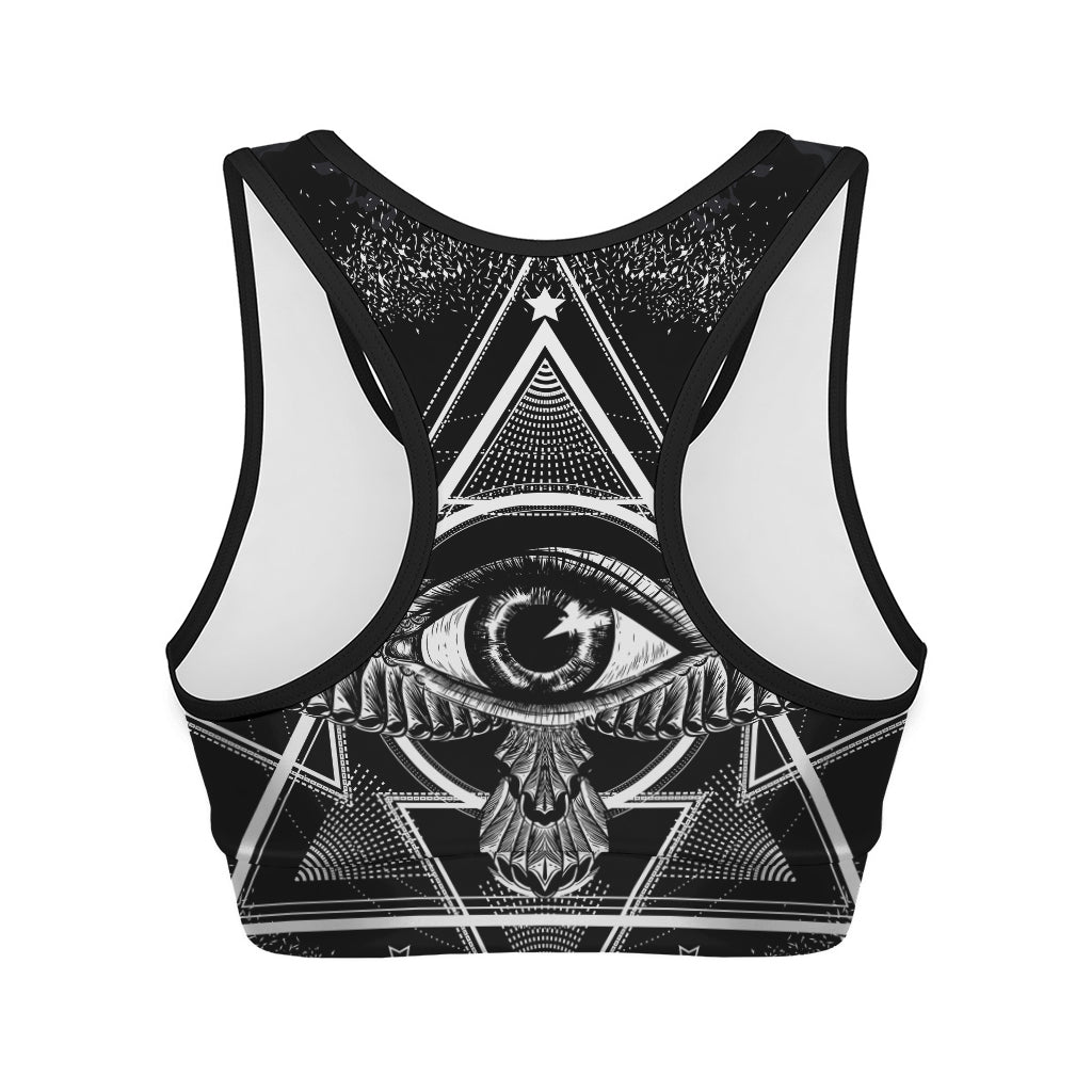 Black And White All Seeing Eye Print Women's Sports Bra