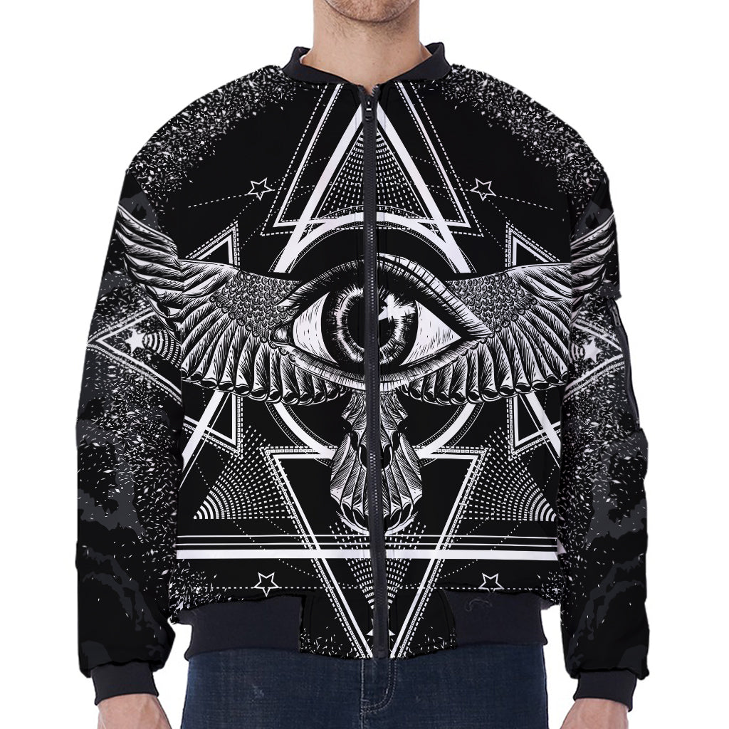 Black And White All Seeing Eye Print Zip Sleeve Bomber Jacket