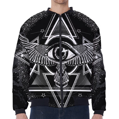 Black And White All Seeing Eye Print Zip Sleeve Bomber Jacket