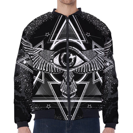 Black And White All Seeing Eye Print Zip Sleeve Bomber Jacket