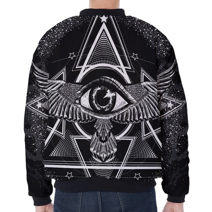 Black And White All Seeing Eye Print Zip Sleeve Bomber Jacket