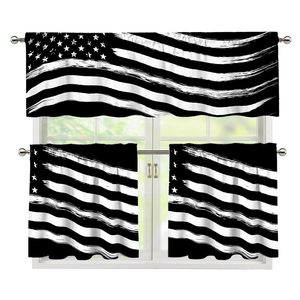 Black And White American Flag Print 3 Piece Kitchen Curtains