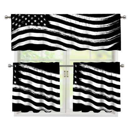 Black And White American Flag Print 3 Piece Kitchen Curtains