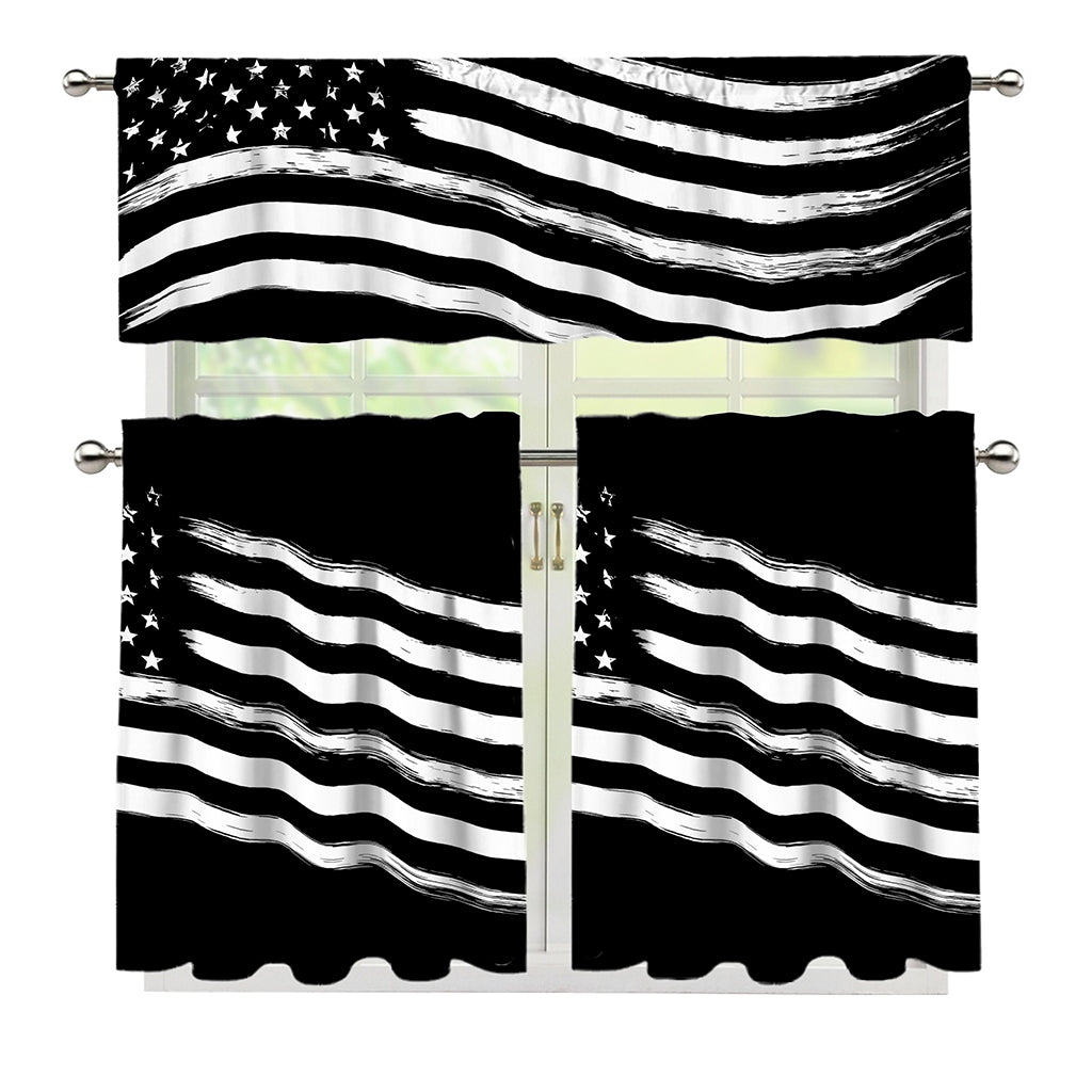 Black And White American Flag Print 3 Piece Kitchen Curtains