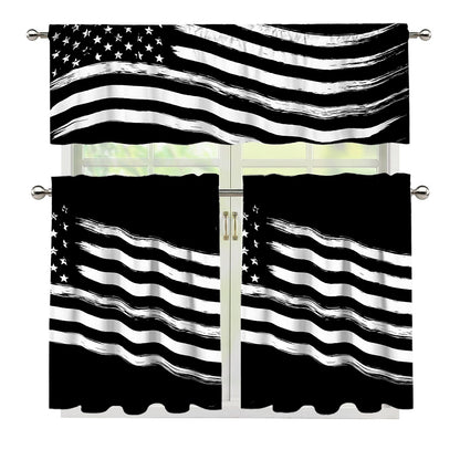 Black And White American Flag Print 3 Piece Kitchen Curtains