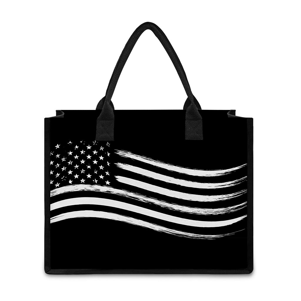 Black And White American Flag Print Canvas Tote Bag
