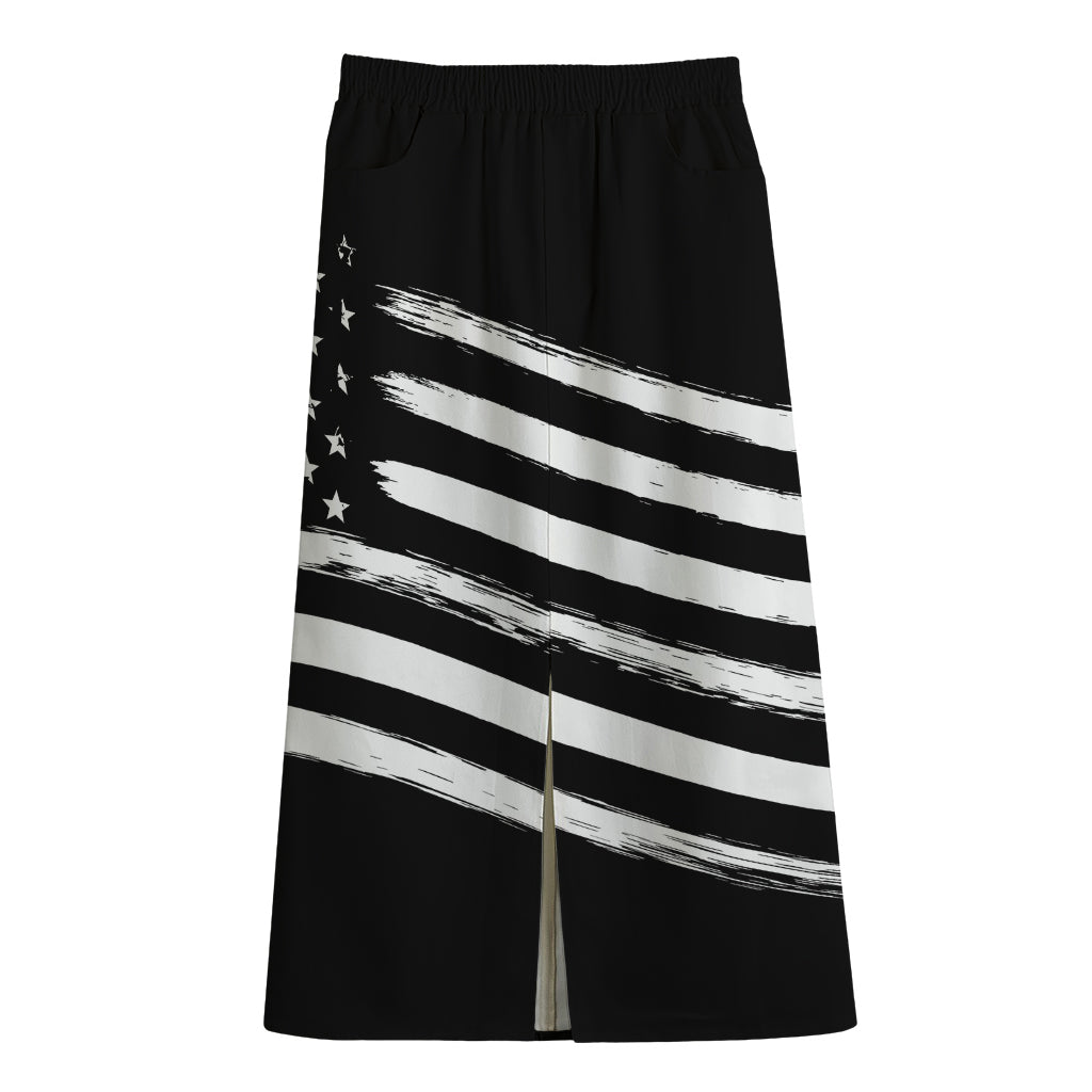 Black And White American Flag Print Cotton Front Slit Maxi Skirt