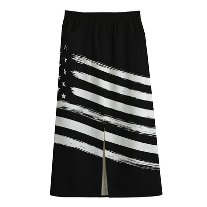 Black And White American Flag Print Cotton Front Slit Maxi Skirt