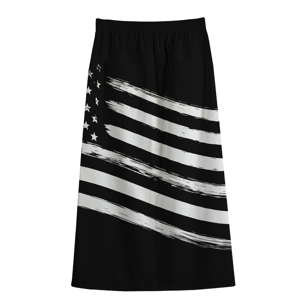 Black And White American Flag Print Cotton Front Slit Maxi Skirt
