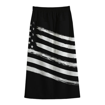 Black And White American Flag Print Cotton Front Slit Maxi Skirt