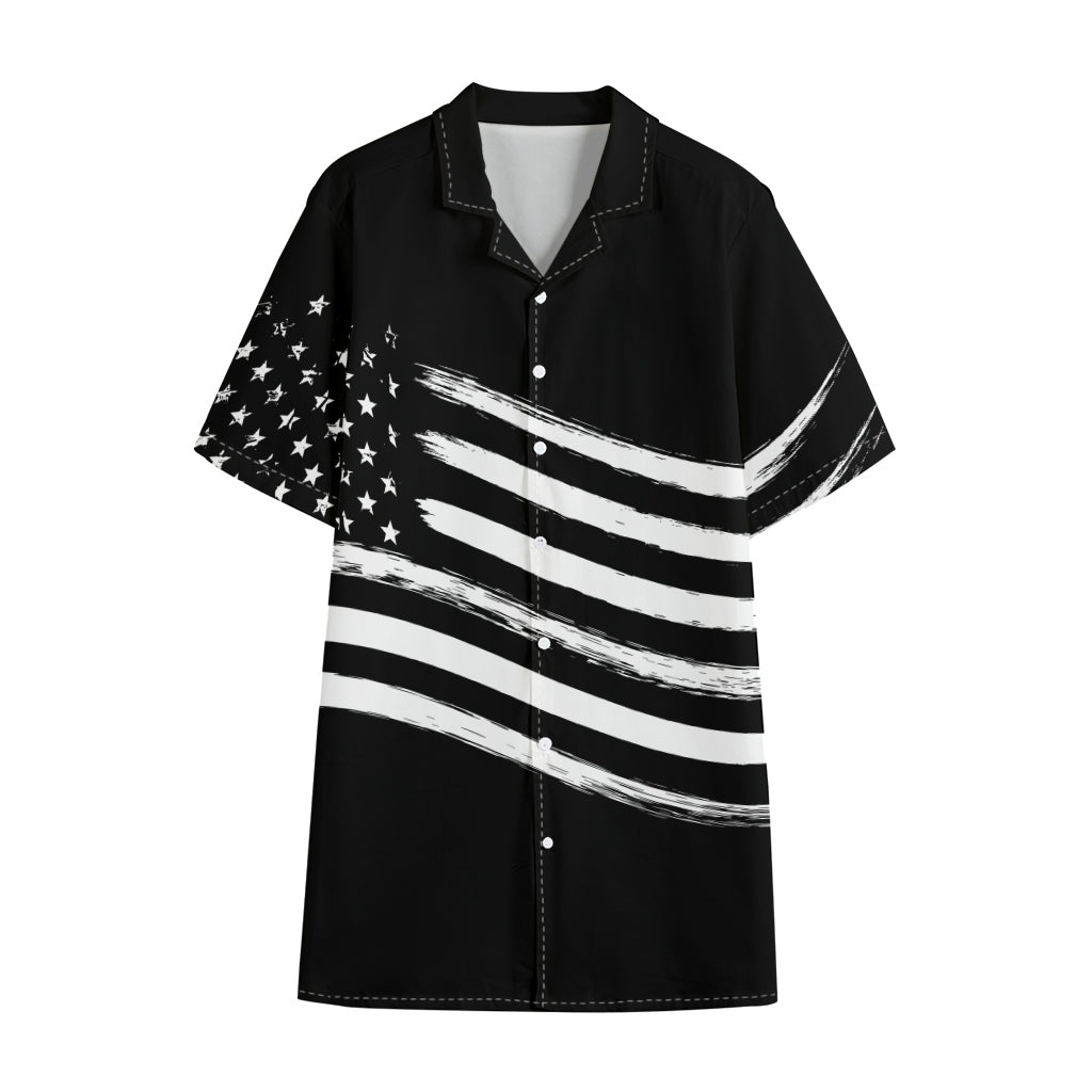 Black And White American Flag Print Cotton Hawaiian Shirt